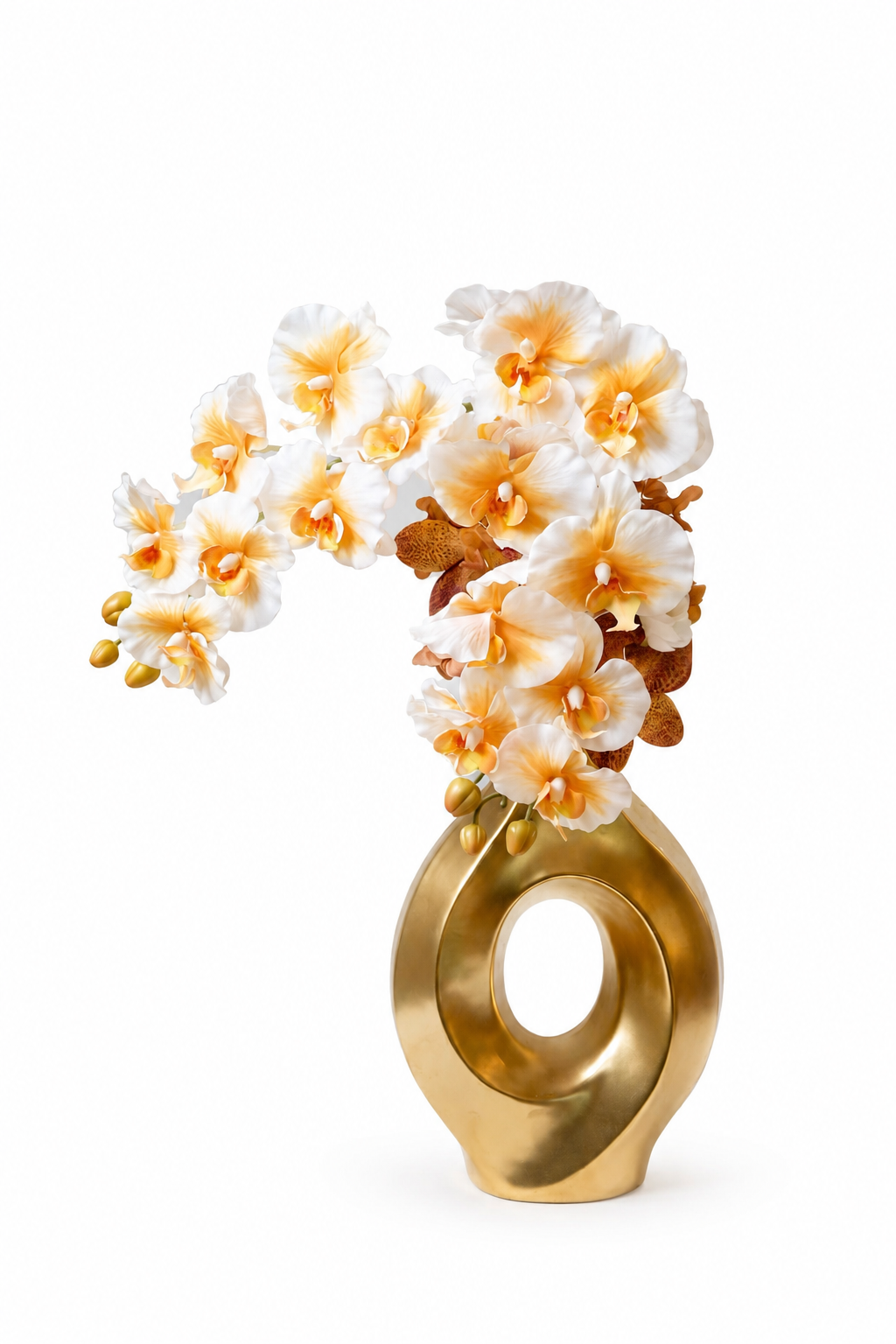 Artificial orchid arrangement in a gold sculptural vase
