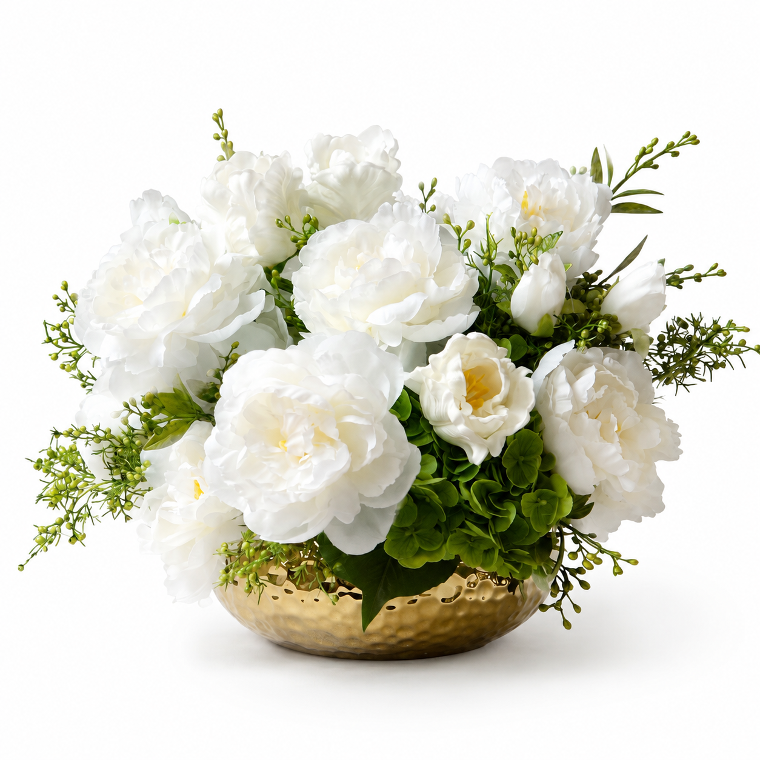 White artificial flower arrangement in a gold bowl