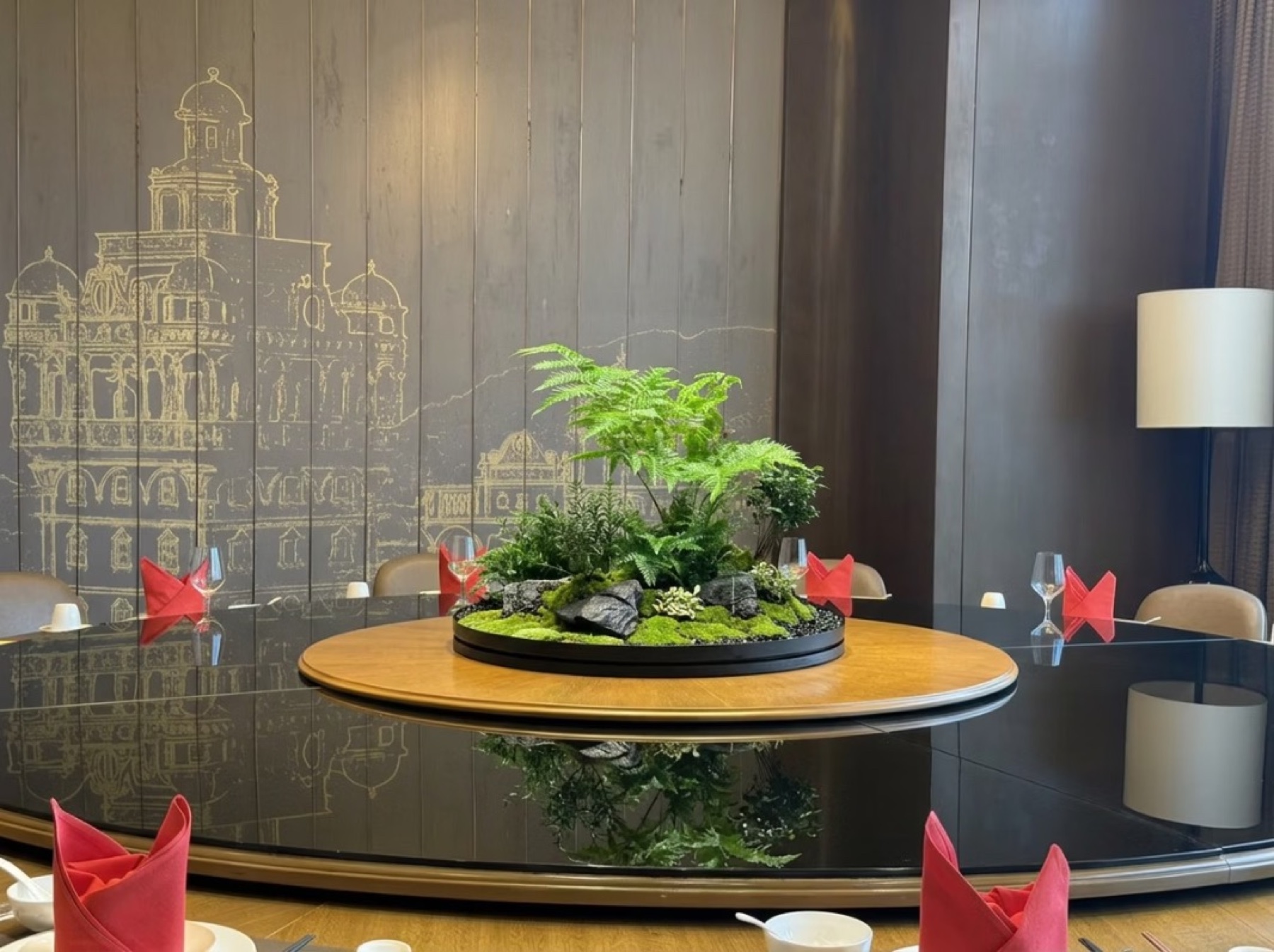 Artificial botanical centerpiece in a hospitality interior