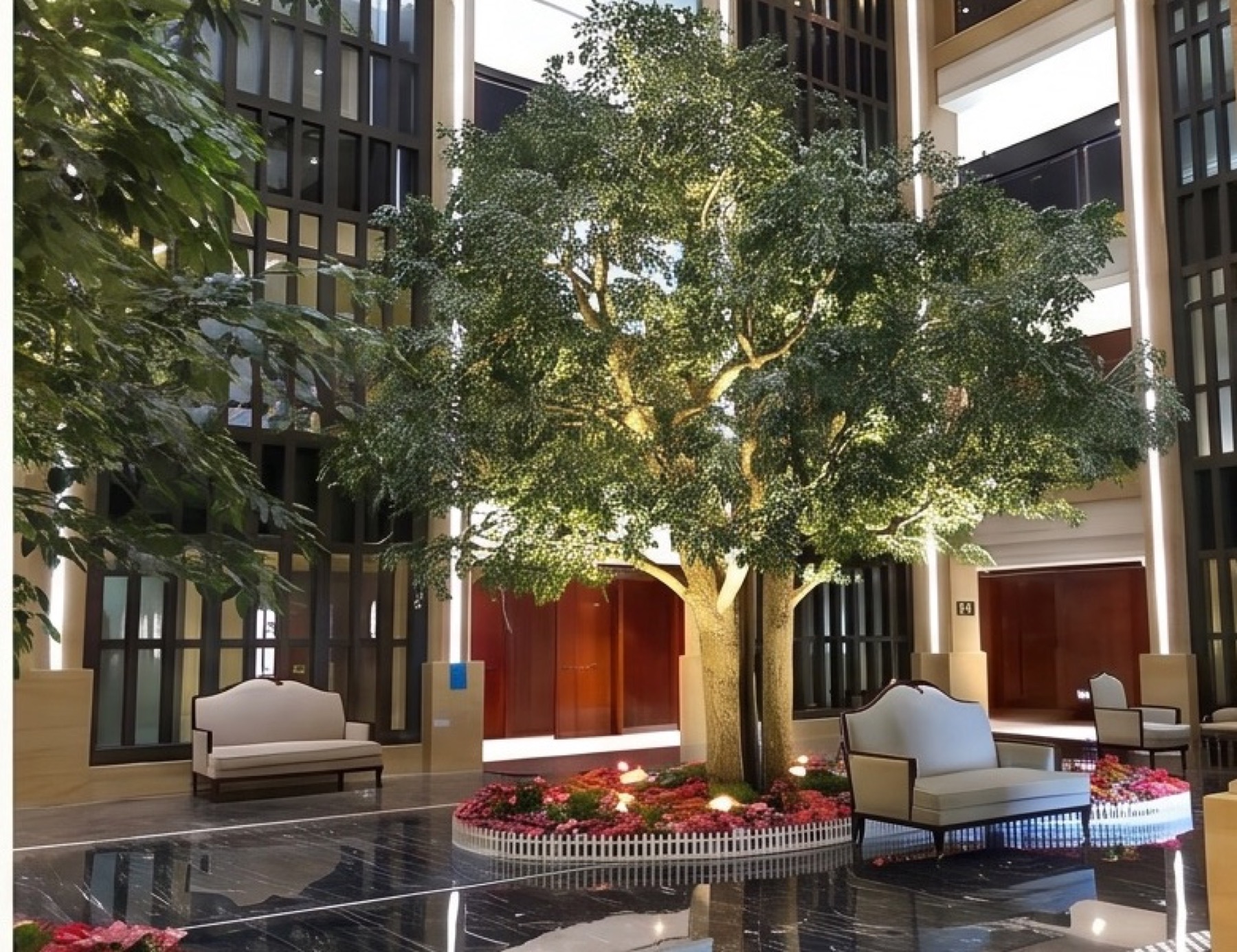 Real trunk artificial tree in a luxury hotel lobby