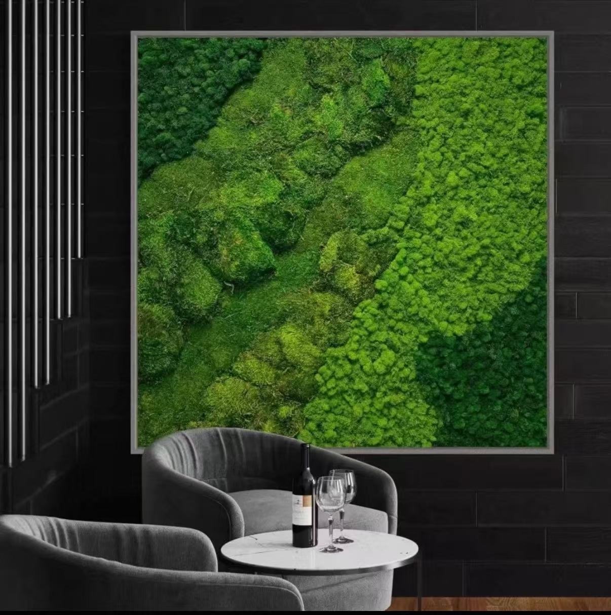 Framed preserved moss wall composition in a lounge